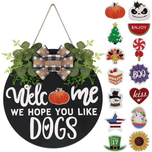 Other - Interchangeable Wooden Seasonal Welcome Sign, Rustic Round Dogs Sign